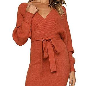 DDSOL Womens Sweater Dress Sexy V Neck Long Batwing Sleeve Bodycon Mini Dress